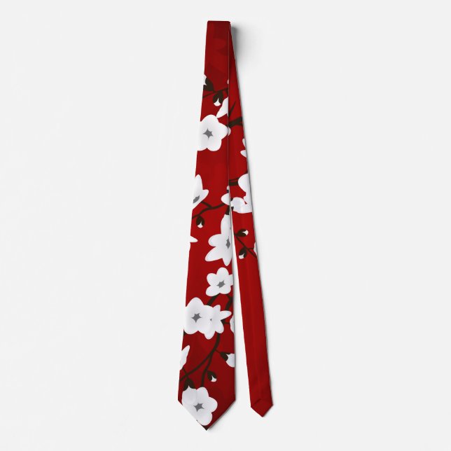 Cravate Asie Floral blanc cerisier rouge (Devant)