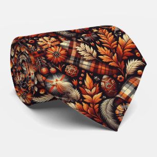 Cravate Automne Plaid Feuilles Orange Noir Beige