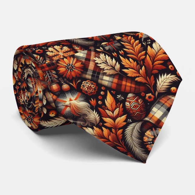 Cravate Automne Plaid Feuilles Orange Noir Beige (Roulé)