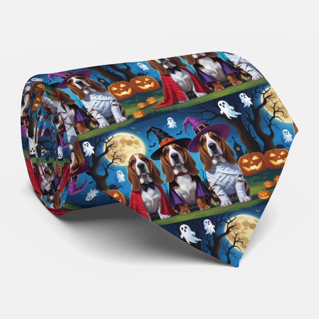 Cravate Basset Hound Chiens Citrouille Halloween Funny (Roulé)