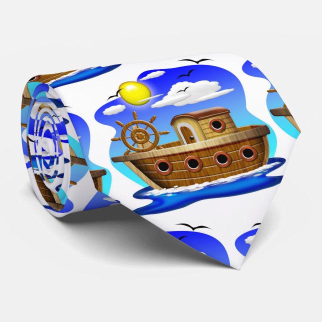 Cravate Bateau de pêche dessin animé  (Roulé)