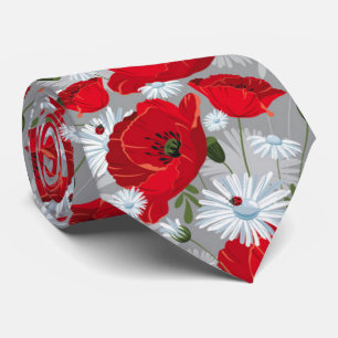 Cravate Beau pavot rouge, marguerites blanches et coccinel