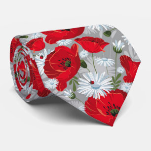 Cravate Beau pavot rouge, marguerites blanches et coccinel