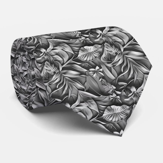 Cravate Beautiful Dark Gray Leaf Pattern Faux Leather  (Roulé)