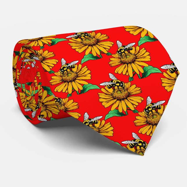 Cravate Bee on Sunflower Flower Pattern Design Red  (Créateur téléchargé)