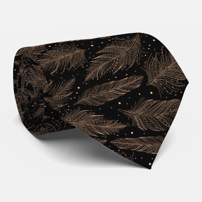 Cravate Beige black vintage feather pattern (Roulé)
