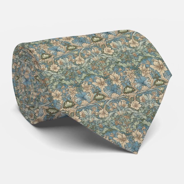 Cravate Beige bleu vert Floral Hommes (Roulé)
