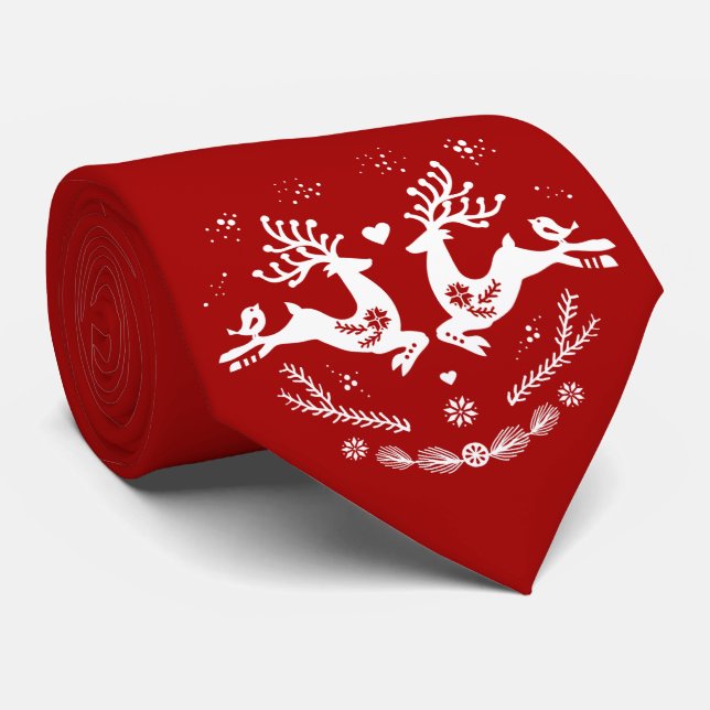 Cravate Belle Fête Scandi Rouge Blanc Noël Cerf (Roulé)