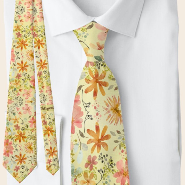 Cravate Belle Pêche Jaune Aquarelle Florale Été Jaune (Créateur téléchargé)