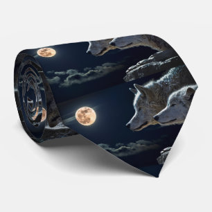 Cravate belle pleine lune et loups