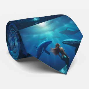 Cravate Belle Sirène Nageant Avec Des Baleines À Bosse,