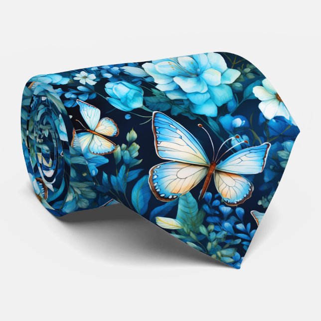 Cravate Belles fleurs bleues et papillons (Roulé)
