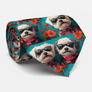 Cravate Bichon Frise avec coeur Roses Saint-Valentin