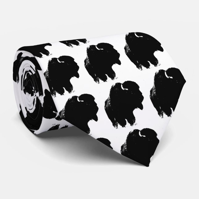 Cravate Bison d'art pop noir et blanc / Buffalo (Roulé)