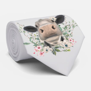 Cravate bisou de nez de vache fleurs aquarelle gris animal