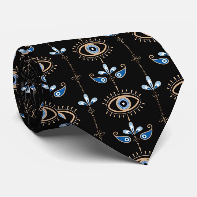 Cravate Black bohemian retro evil eye pattern (Roulé)