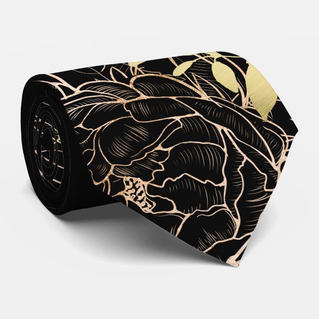 Cravate Black & Faux Gold Peony Moderne Line Florale Maria (Roulé)