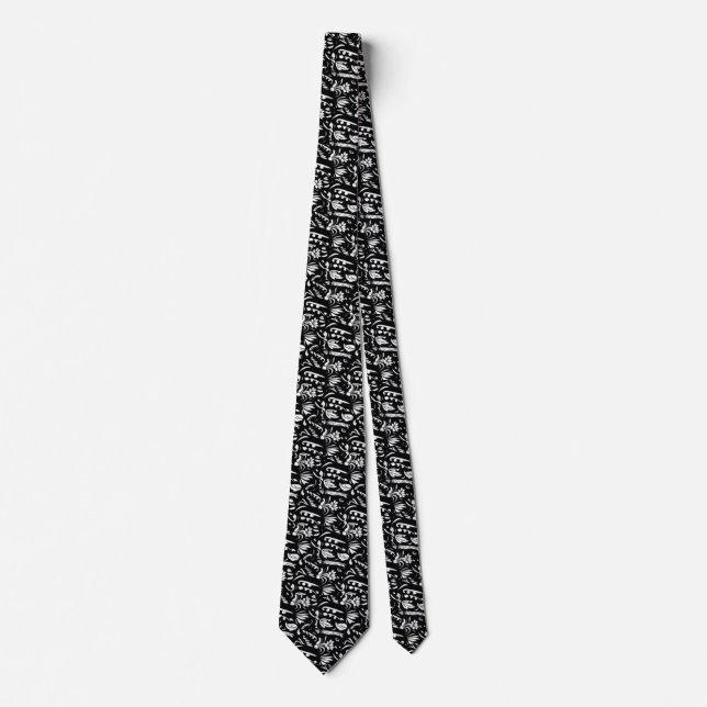 Cravate blanc floral sur fond noir texture art motif (Devant)