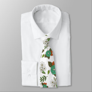 Cravate Blanc Rétro et Floral Vert