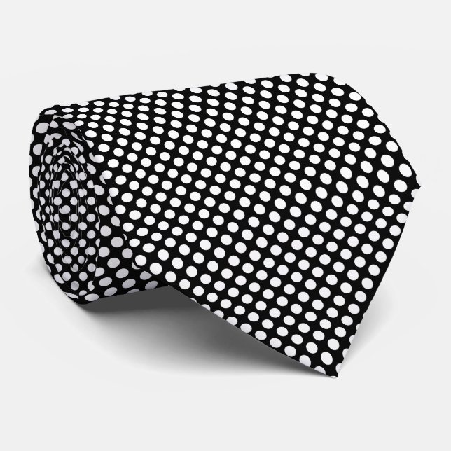 Cravate Blanc sur noir Pois de taille moyenne (Roulé)