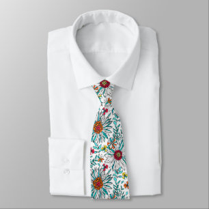 Cravate Blanc Turquoise Jaune orange Rouge Fleurs de margu