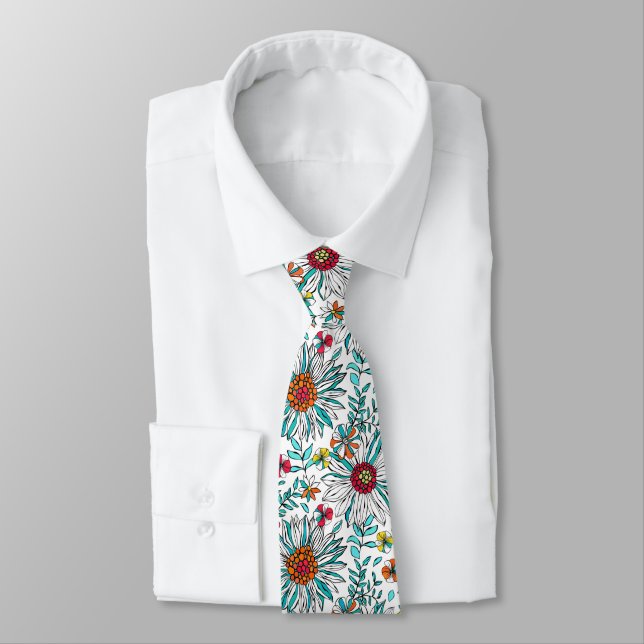 Cravate Blanc Turquoise Jaune orange Rouge Fleurs de margu (Attaché)