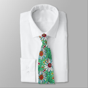 Cravate Blanc Vert Jaune Orange Rouge Fleurs Faisy
