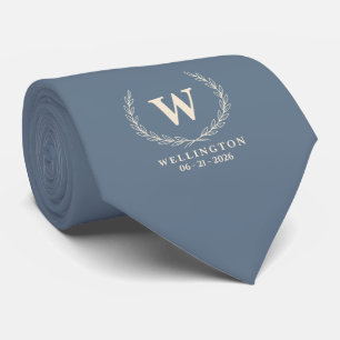Cravate Bleu Ardoise Ivoire Laurier Monogramme Date de Mar