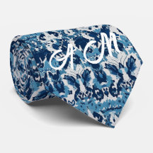 Bleu Blanc Rétro Ikat Motif 2 Initiales Monogramme
