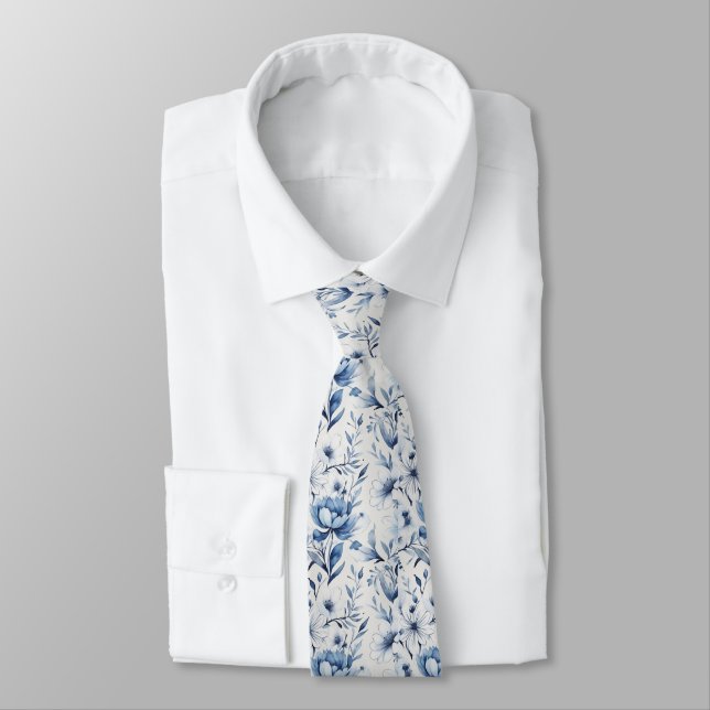 Cravate Bleu Blanc Toile Fleurs de Mariage des Hommes du M (Attaché)