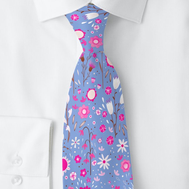 Cravate Bleu Botanique Floral (Blue and pink modern floral botanical neck tie)