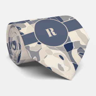 Cravate Bleu démon et Taupe Abstrait avec Monogramme