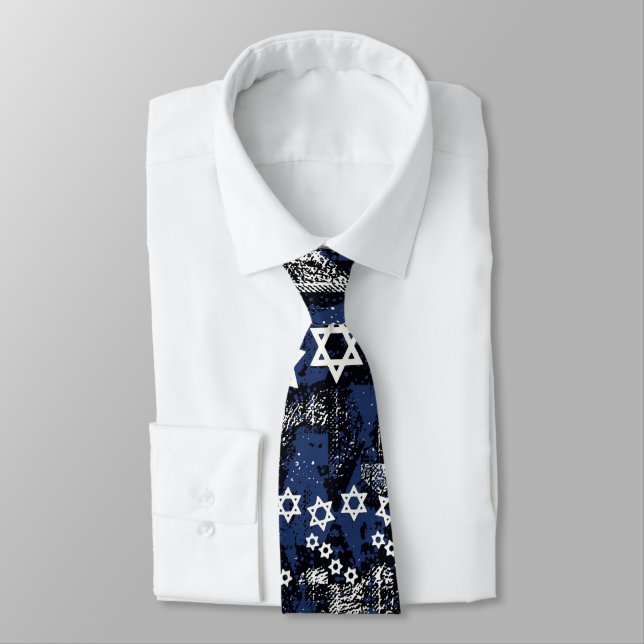 Cravate Bleu Et Blanc Étoile De David Motif (Attaché)