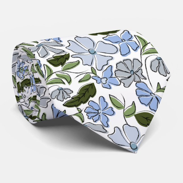 Cravate Bleu et vert main tiré bloc floral Imprimer (Roulé)