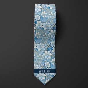 Cravate Bleu glace, Blanc et Floral Doré