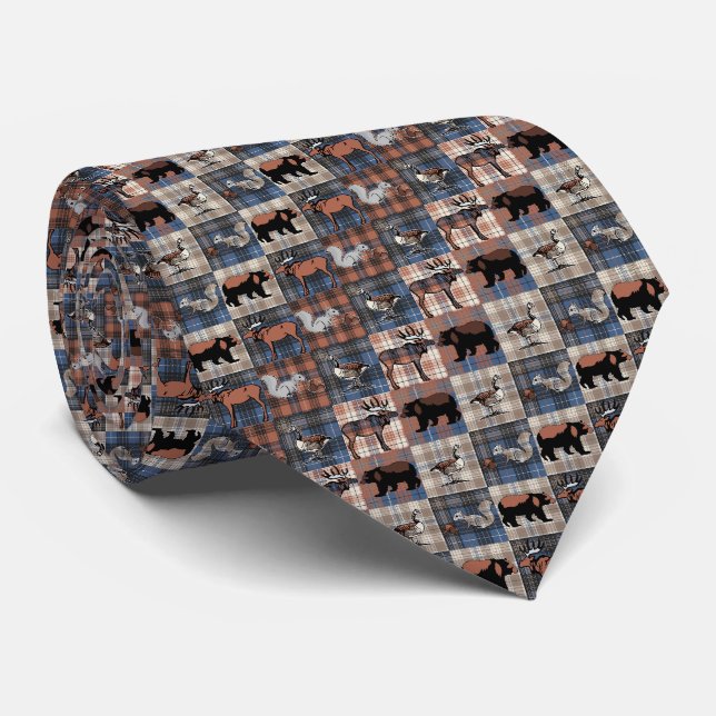 Cravate Bleu Gris Chèques Brown Animaux de bois sur Plaid (Roulé)