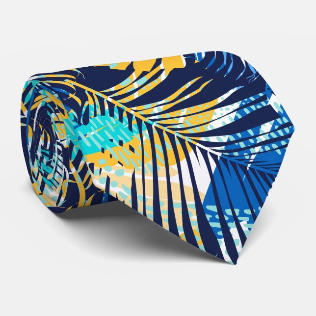 Cravate Bleu marine Aqua Jaune Blanc Plantes Tropicales (Roulé)