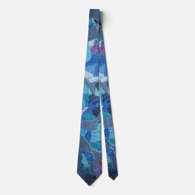 Cravate bleu marine cyan turquoise violet motif (Devant)