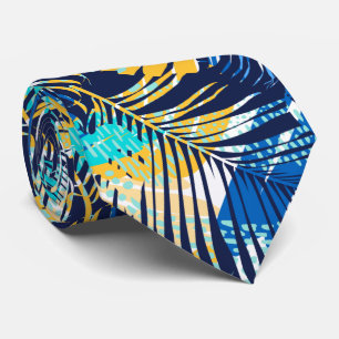 Cravate Bleu Nuit Aqua Jaune Blanc Plantes Tropicales