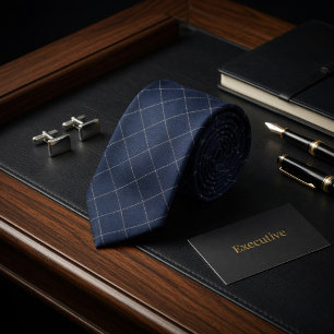 Cravate Bleu Nuit Classique et Carreaux Fenêtre Blanc