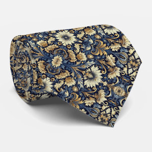Cravate Bleu, Or, Crème et Motif Floral Noir