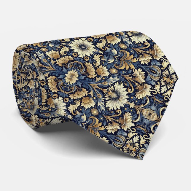 Cravate Bleu, Or, Crème et Motif Floral Noir (Roulé)