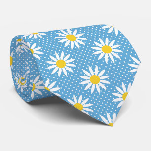 Cravate Bleu Poudre Fleur de Marguerite Rétro à pois