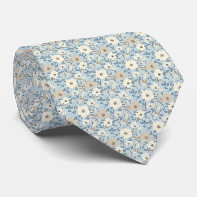 Cravate Bleu Poussiéreux Beige Floral Mariage Marié Garçon (Roulé)
