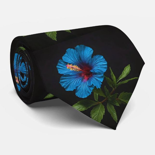 Cravate "Bleu rayonnant : Fleur d'Hibiscus sur noir (Roulé)