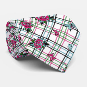 Cravate Bleu rose Tatouage Rose Papillons crâne Plaid