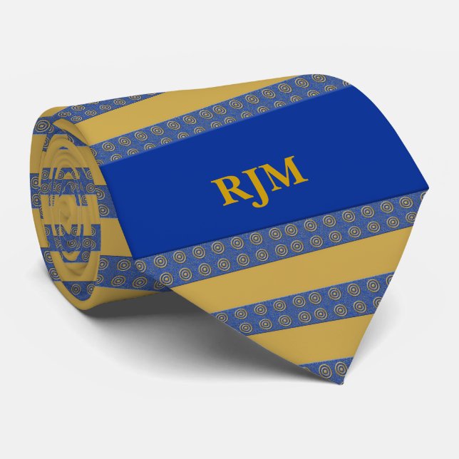Cravate Bleu royal et bandes d'or monogrammes (Roulé)