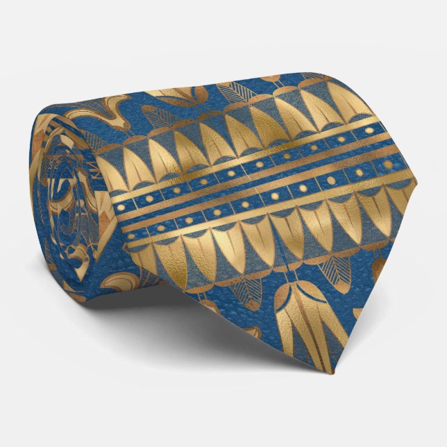 Cravate Bleu royal et or égyptien étonnant (Roulé)