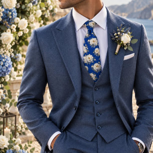 Cravate Bleu royal et pivoine blanche avec contour floral 