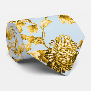 Cravate Bleu Toile floral botanique moderne d'or et de